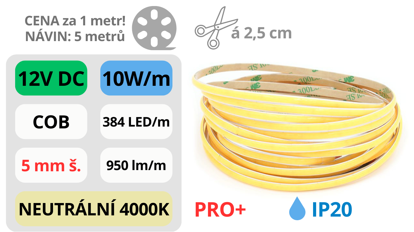 LED pásek COB FOB 12V / 384 LED / 10W / 4000K / IP20 / 5mm / PRO+